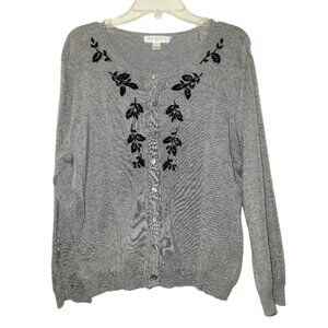 Outfit JPR Gray Beaded Floral Button Down Cardigan Sweater Size Large